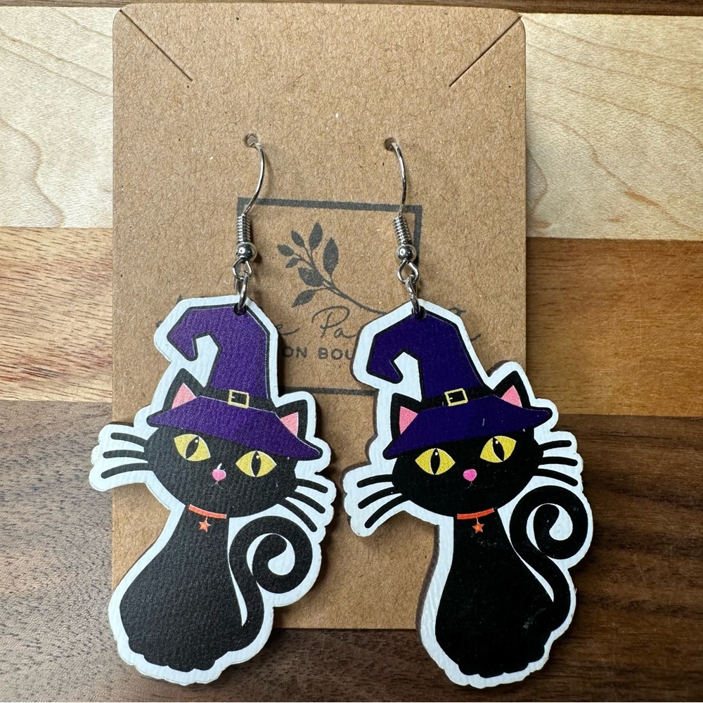 Halloween Wooden Earrings Big Black Scary Cat Witch Spooky
